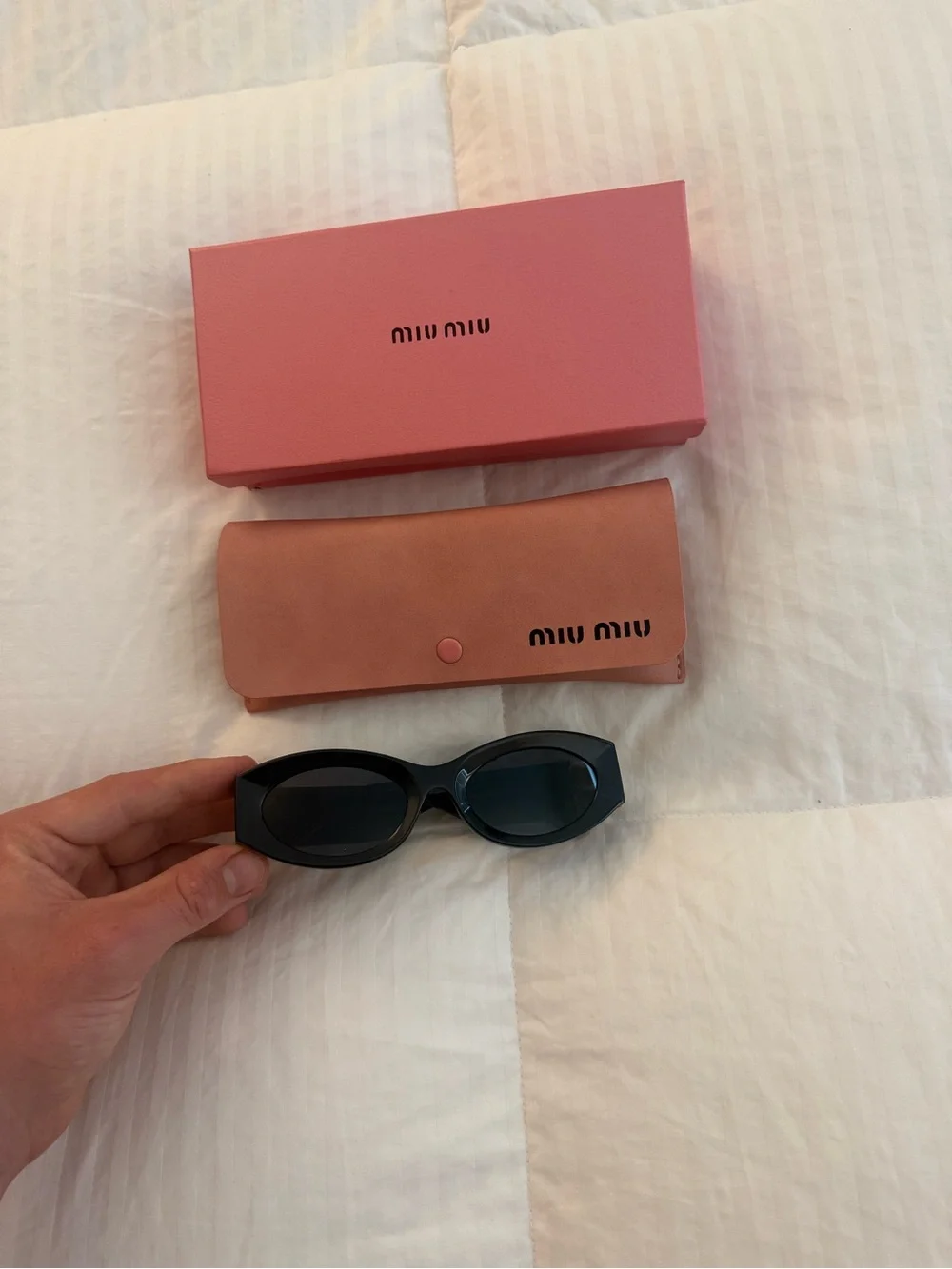 Miu Miu Black Oval Sunglasses with Pink Branded Case and Box